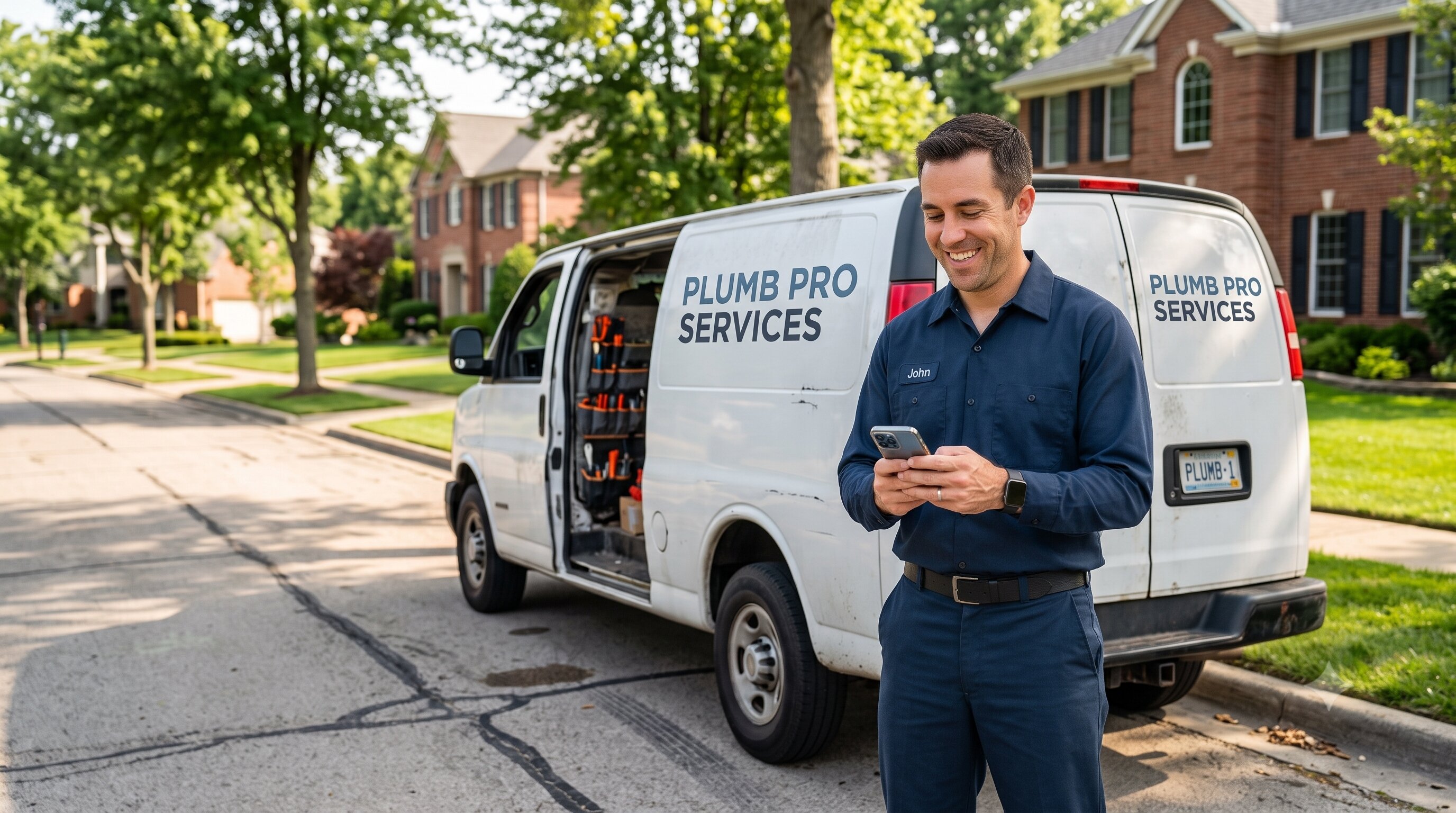 A plumber checking his phone next to his branded van outside a customer's home